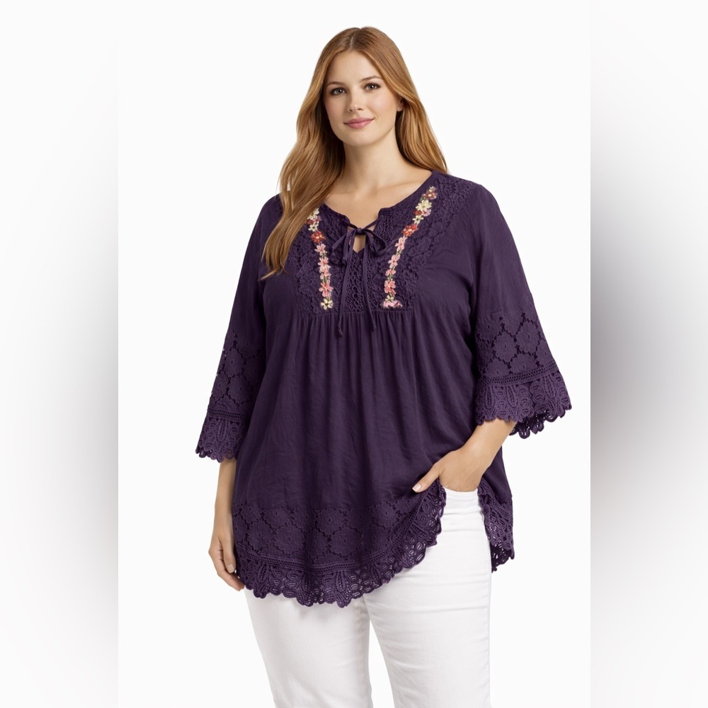 Embroidery Lace 3/4 Length Sleeve Shirts Vintage Boho Blouses for Women 3XL